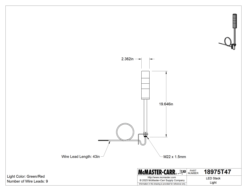 Technical Drawing of LED Stack Light, with Buzzer Alarm, 24V DC, 2 Lights, Green/Red.